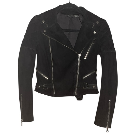 Alice + Olivia Jackets & Blazers - Alice + Olivia Miles Genuine Goat Suede Leather Quilted Zip Moto Jacket Black